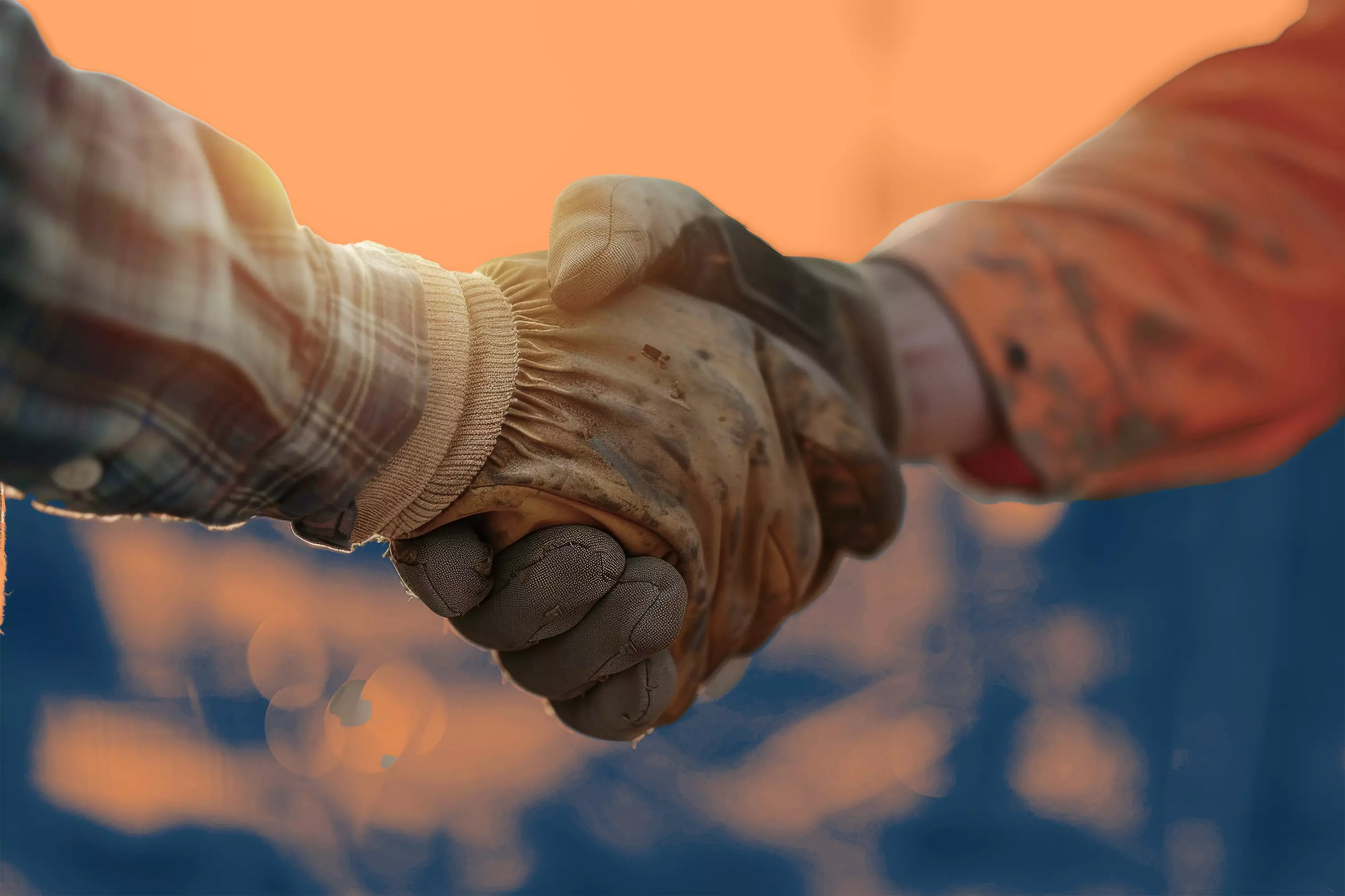 Strong Partnerships Built on Trust Close-up of two construction workers shaking hands while wearing gloves, symbolizing trust and partnership.