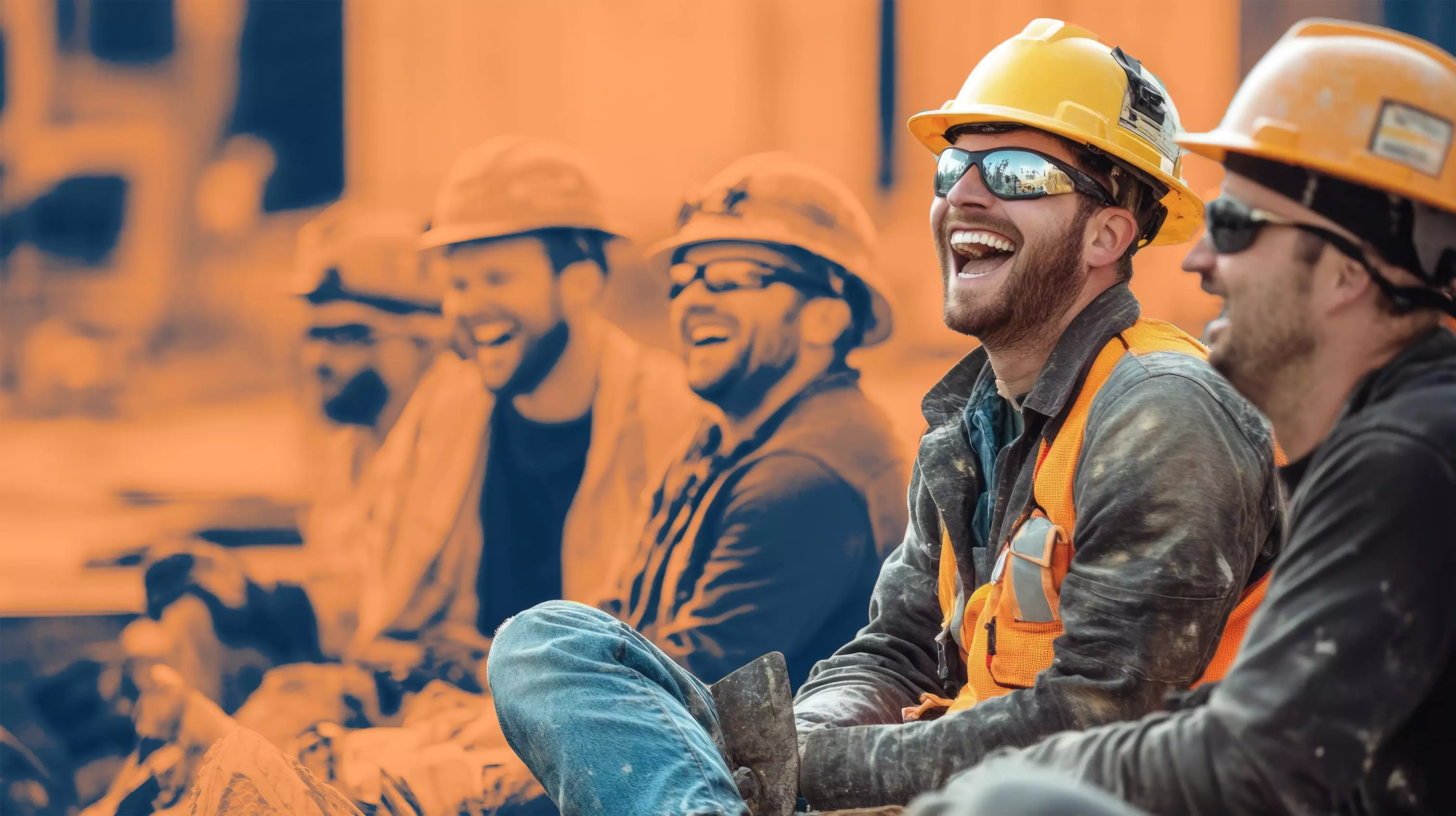 Building with Joy: Teamwork That Inspires Group of construction workers wearing helmets and safety vests, sitting together and laughing during a break.