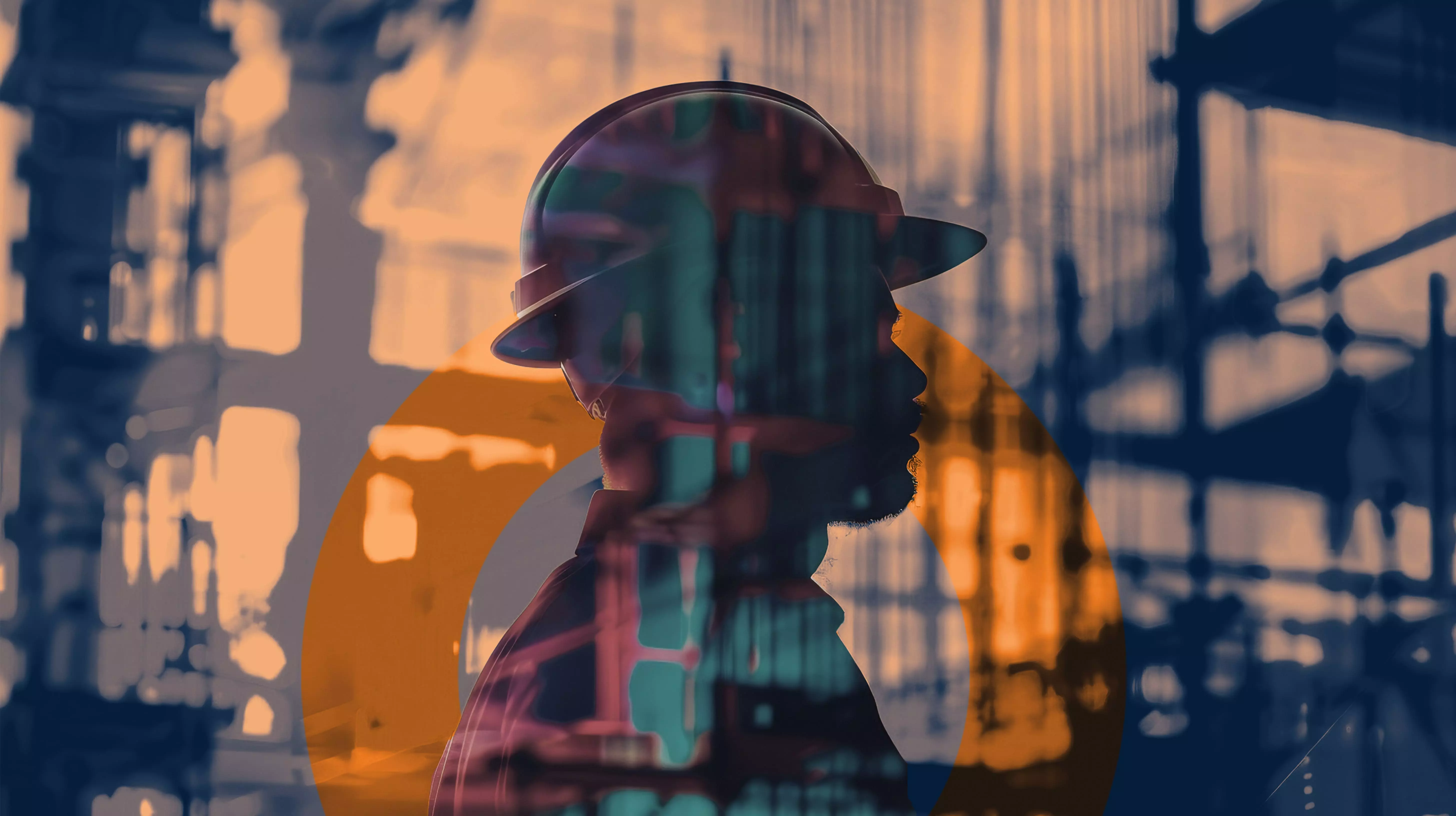 A cityscape of Rotterdam at sunset, featuring Erasmus Bridge and modern high-rise buildings. An orange circular graphic aka ORANJEGROEP logo is placed on the right side of the image imitating the sun.