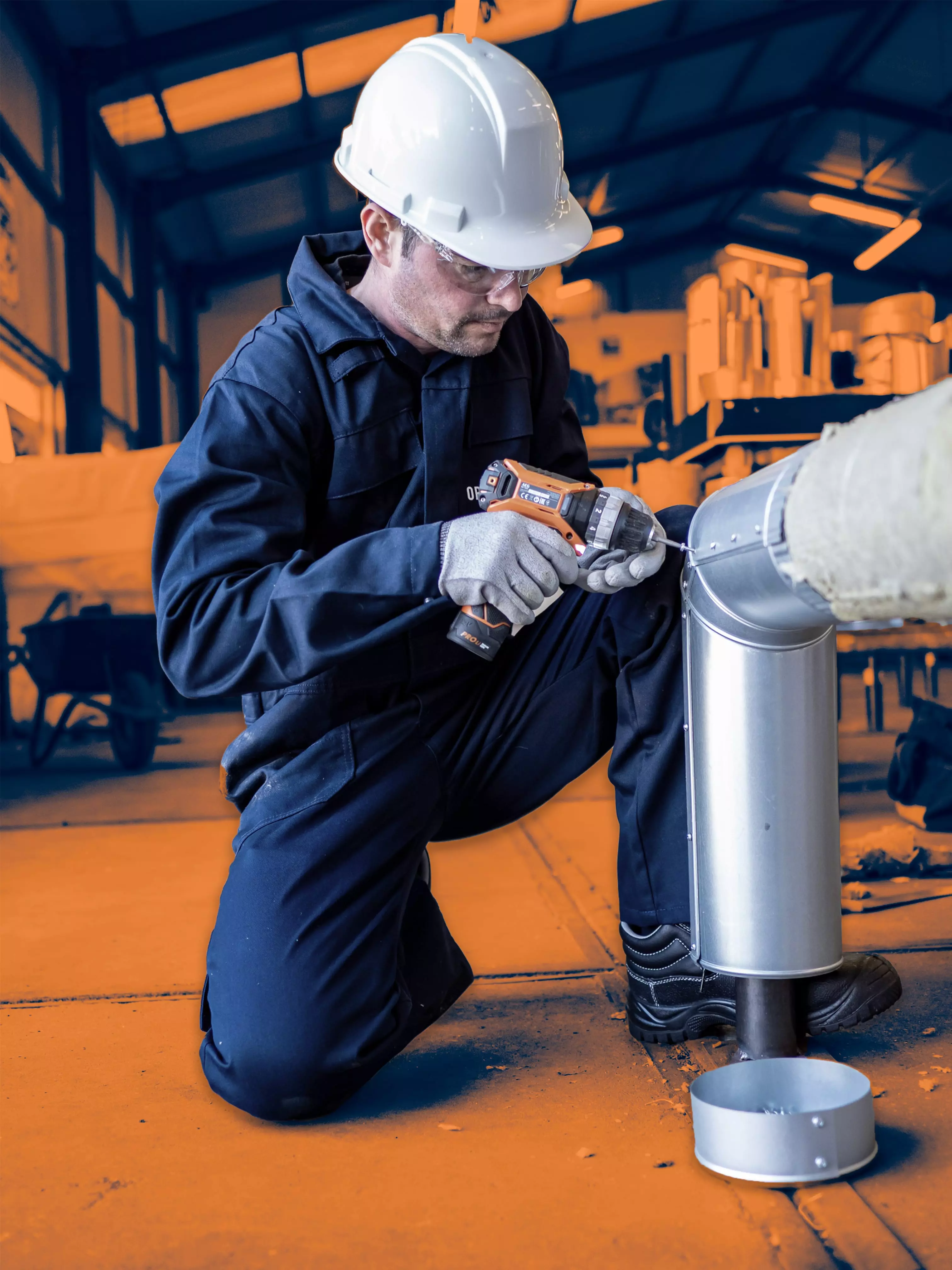 Skilled Insulation Work with Precision Tools Insulation specialist using a power drill to work on a metal pipe section in an industrial setting.