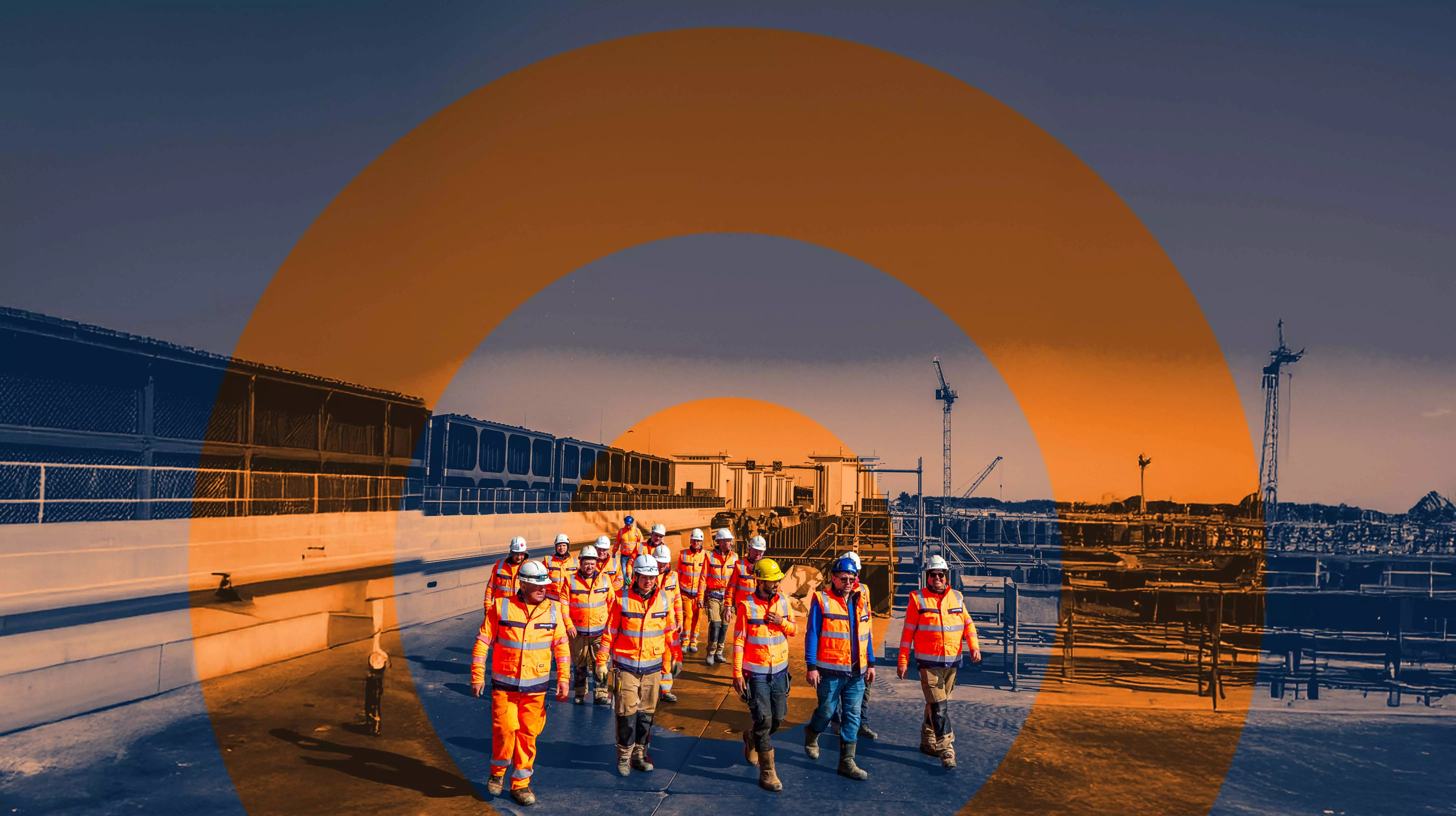 United in Construction: Building the Future Together Group of construction workers in safety gear walking on a building site, with an artistic orange and blue target overlay in the background.