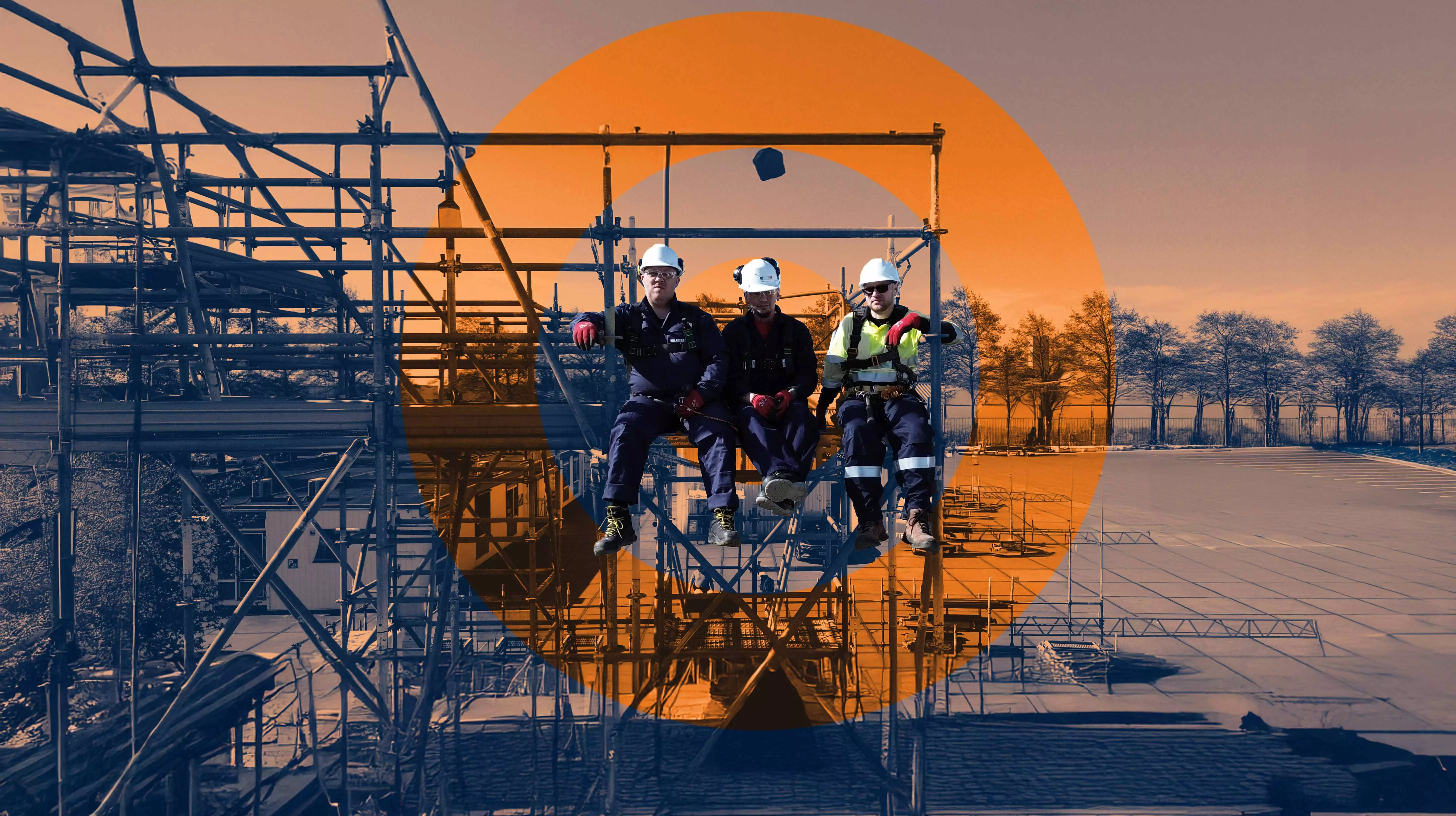 High Standards: Skilled Workers Building the Future Three construction workers sitting on scaffolding, wearing safety gear, with an industrial site in the background and an artistic orange-blue overlay.